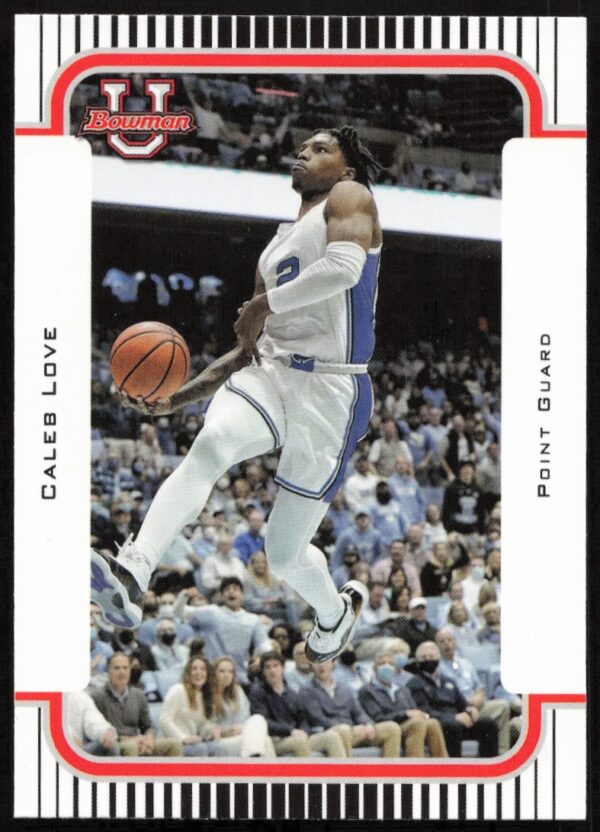 Caleb Love 2022 Bowman University Card #2K3B-22, showcasing his athletic achievements (Front).