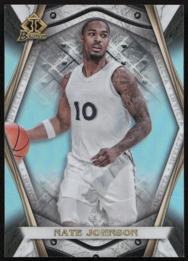 Front view of 2022 Bowman Invicta trading card featuring Nate Johnson, #BI-18.