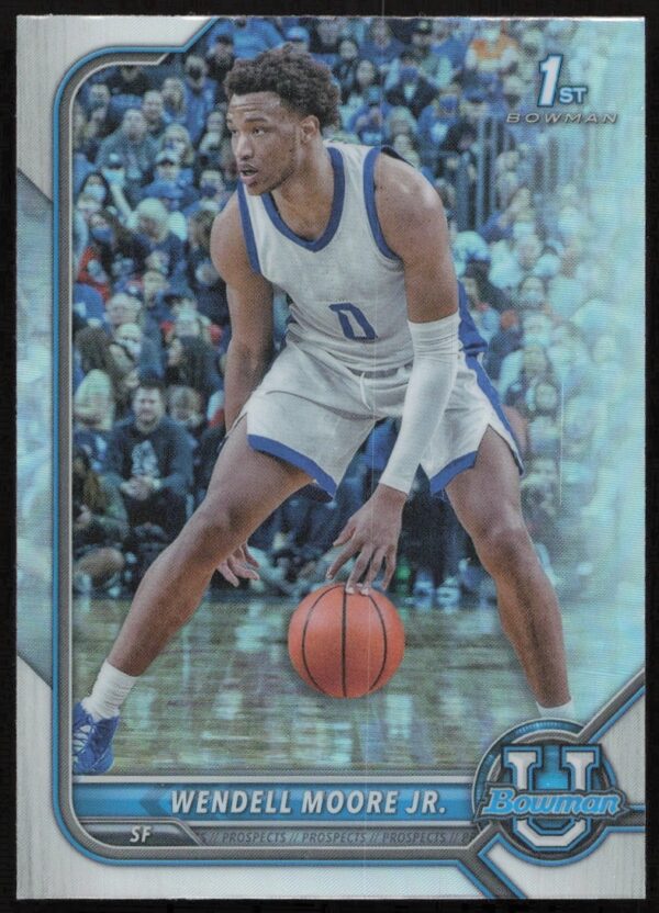 Wendell Moore Jr. 2022 Bowman Refractor Card #82 highlights dynamic basketball skills and glossy finish.
