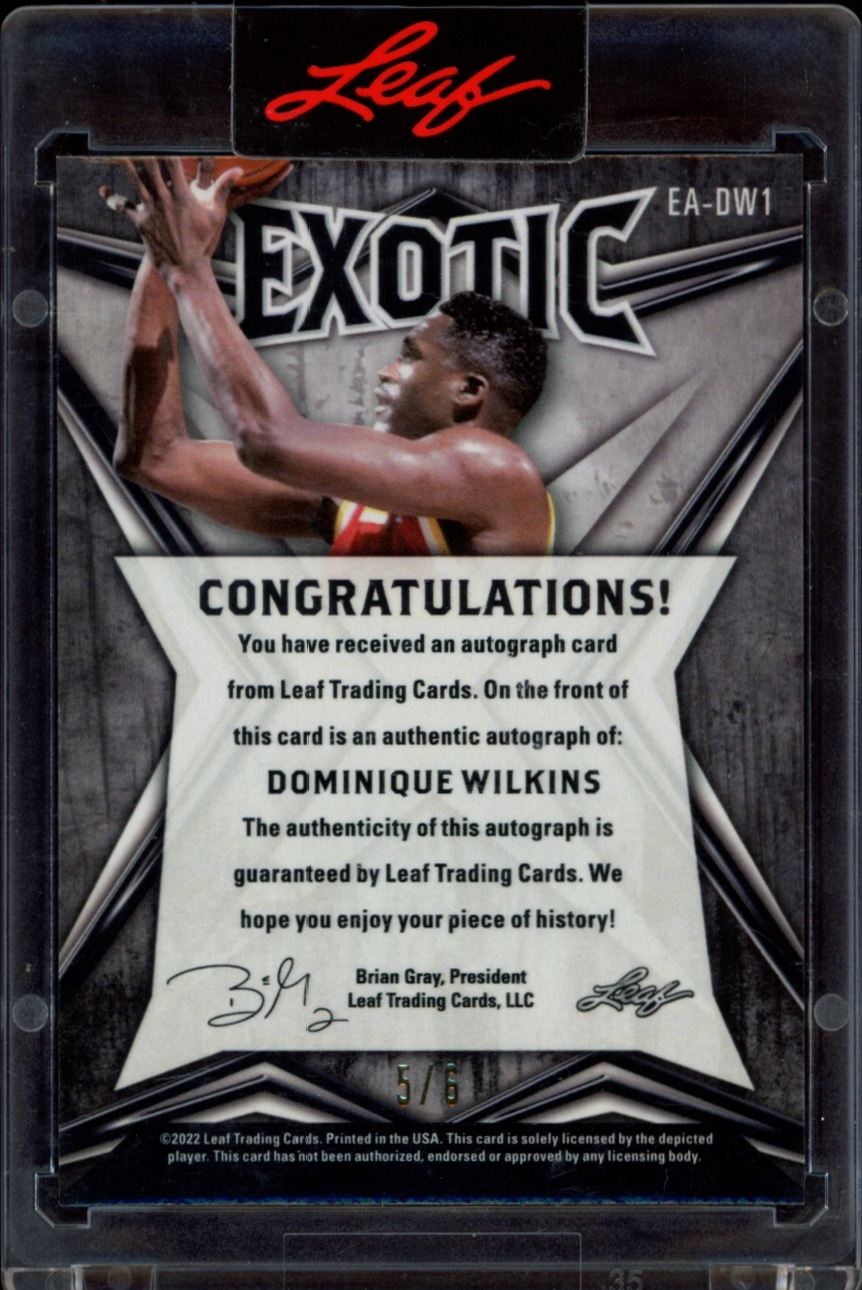Dominique Wilkins autograph card from 2022 Leaf Exotic, featuring rare parrot design (#EA-DW1/8).