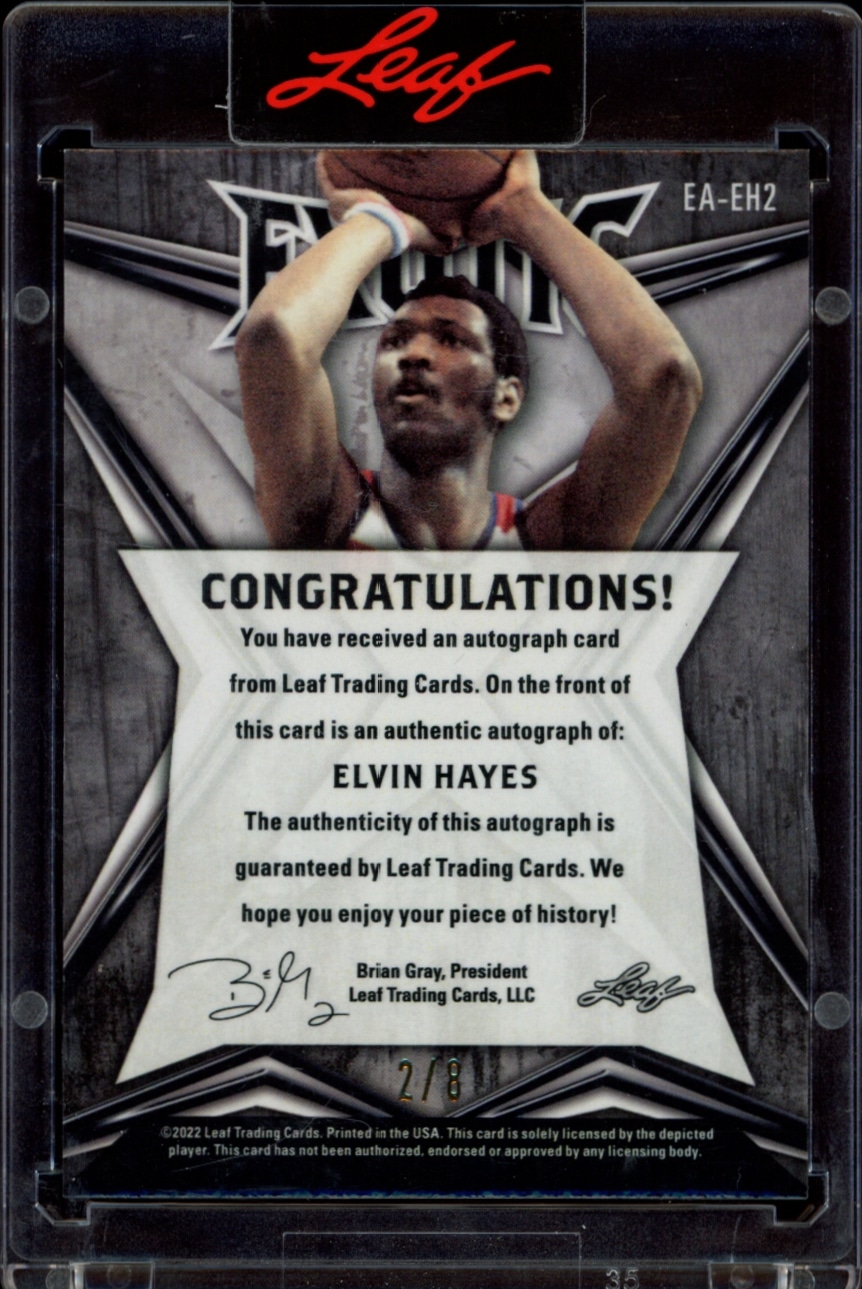 Autographed 2022 Leaf Exotic Elvin Hayes card, Elephant design, 1 of 8, reverse view.