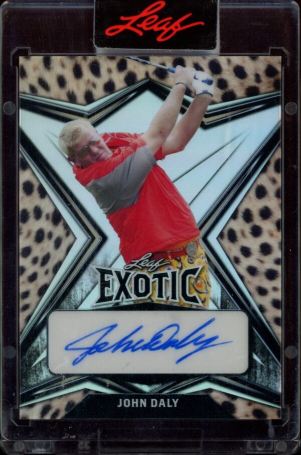 Front view of rare 2022 Leaf Exotic John Daly card featuring cheetah print design.
