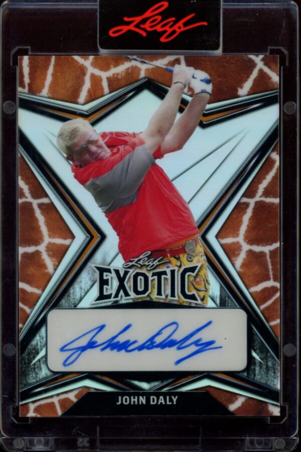 Limited edition John Daly Giraffe card from 2022 Leaf Exotic, 1 of 5, front view.