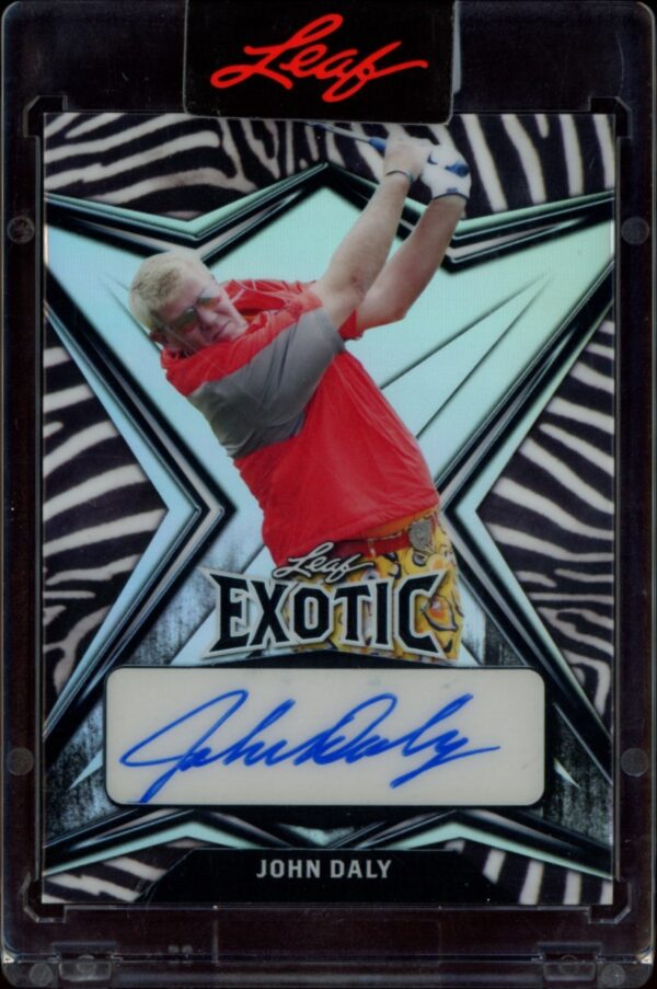 Front view of rare 2022 Leaf Exotic John Daly Zebra Stripe trading card, limited edition of 8.