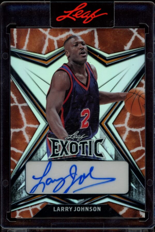 Limited edition 2022 Leaf Exotic Larry Johnson card with giraffe design and autograph.