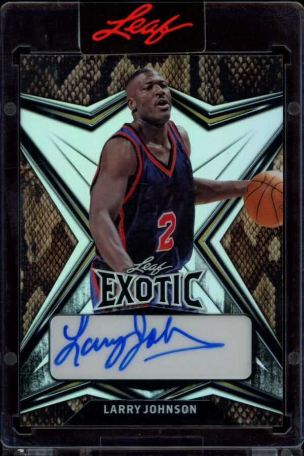 Limited edition 2022 Leaf Exotic Larry Johnson Snakeskin autographed card, 1 of 10 produced.