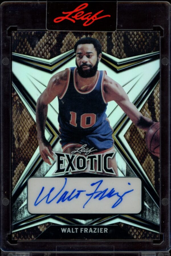 Limited-edition 2022 Walt Frazier autographed snakeskin card with unique design, 1 of 10.