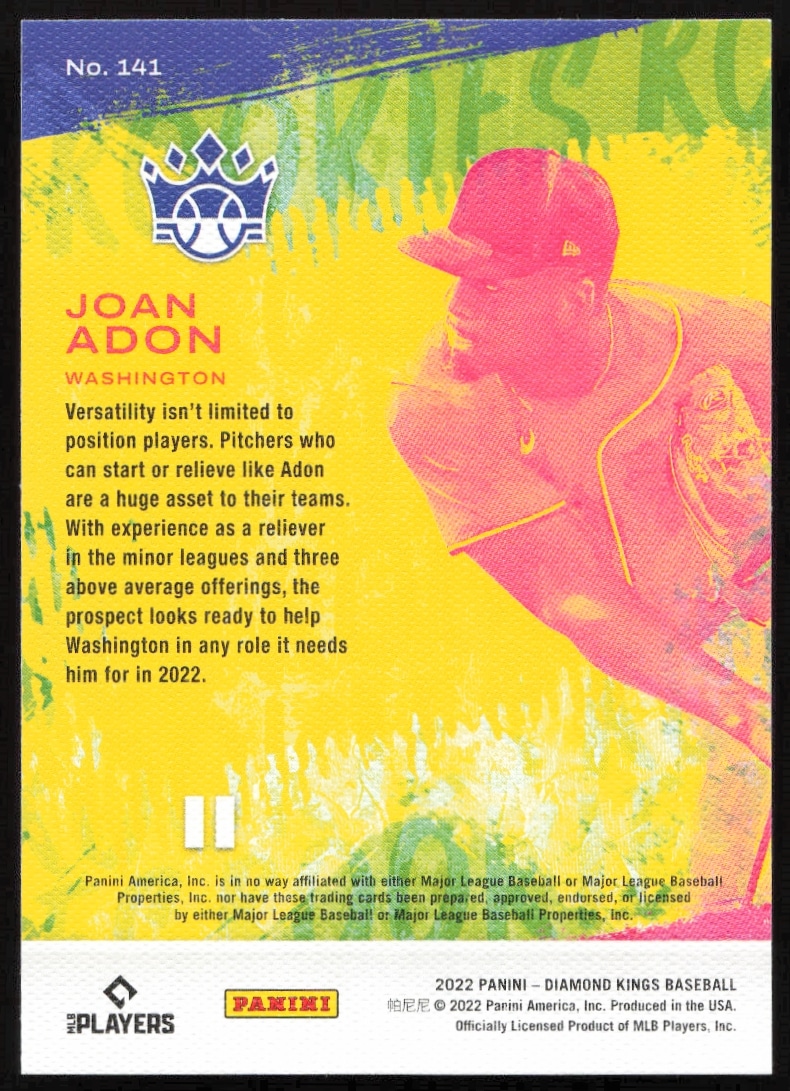 Back of 2022 Panini Diamond Kings Joan Adon card #141 with stats and bio.