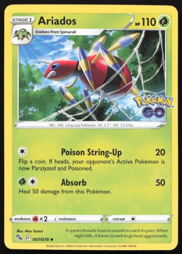 Ariados Pokémon GO Trading Card 2022 #007/078, vibrant design, detailed spider-like artwork.