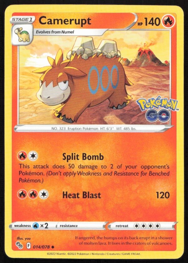Front view of Camerupt Pokémon GO card 2022, number 014/078, Fire/Ground type.