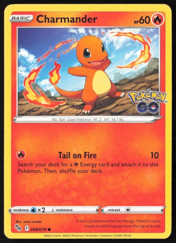 2022 Pokémon GO Charmander Trading Card, #004/078 Front View, Orange with Fiery Tail.
