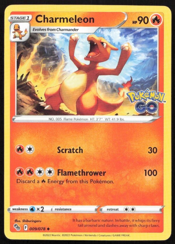 2022 Pokémon GO Charmeleon Card #009/078 showcasing fiery action pose and dynamic background.