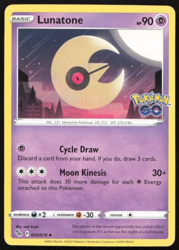 Lunatone Pokémon GO Card 034/078 Front, 2022 Edition, Featuring Cosmic Design.