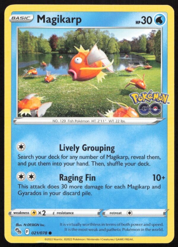 2022 Pokémon GO Magikarp card #021/078 featuring dynamic pose and vibrant background.