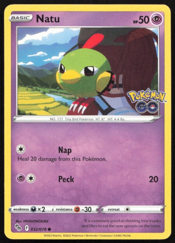 2022 Pokémon GO Natu card front, #032/078, featuring green Psychic/Flying type Pokémon.