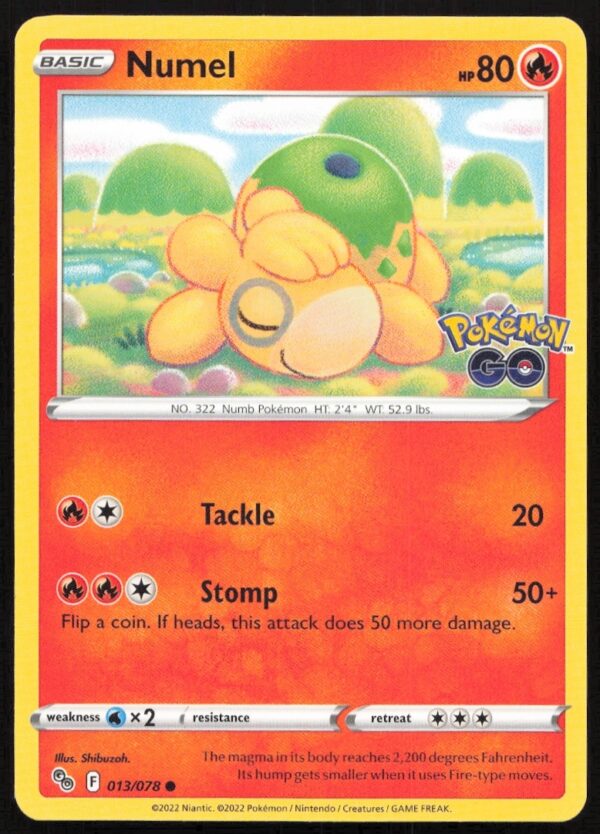 2022 Pokémon GO Numel Card #013/078, featuring Numels design and card details for collectors.
