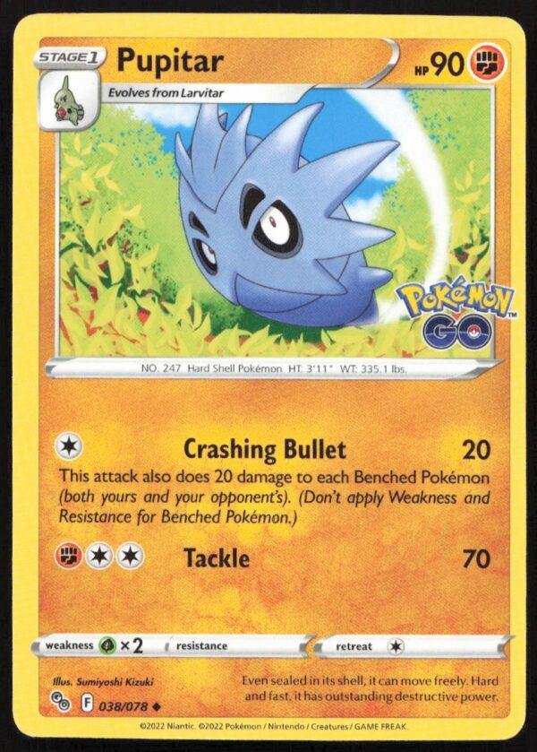 2022 Pokémon GO Pupitar card, front view, #038/078, Rock/Ground-type Pokémon.