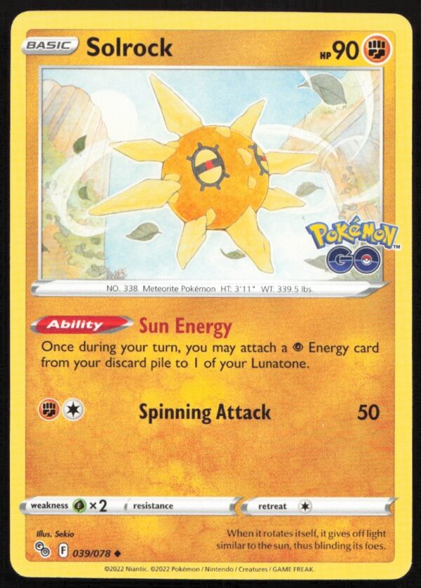 2022 Pokémon GO Solrock card featuring vibrant sun-shaped design, number 039/078.