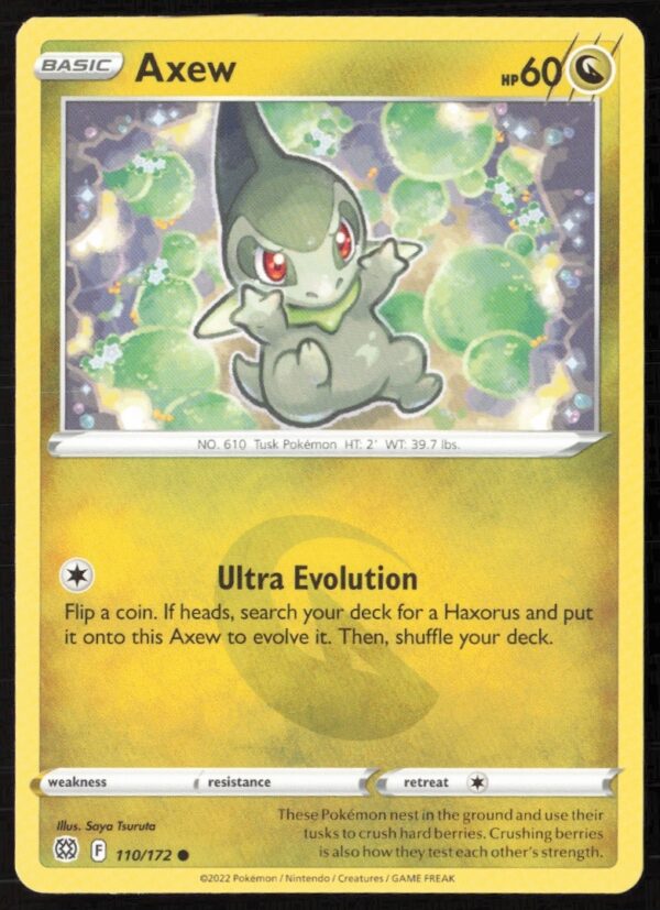 Axew Pokémon card from 2022 Brilliant Stars set, dynamic pose, vivid artwork, #110/172.