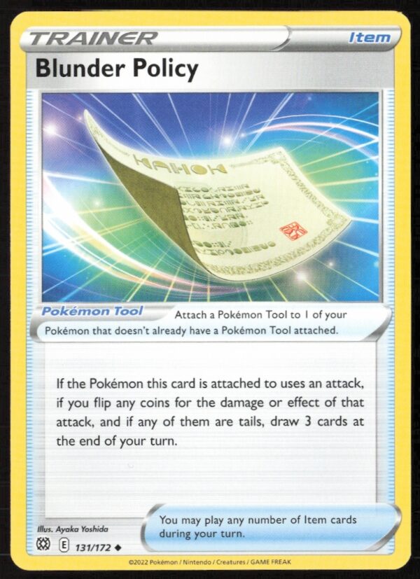Front of 2022 Pokémon Brilliant Stars Blunder Policy trading card, number 131/172.