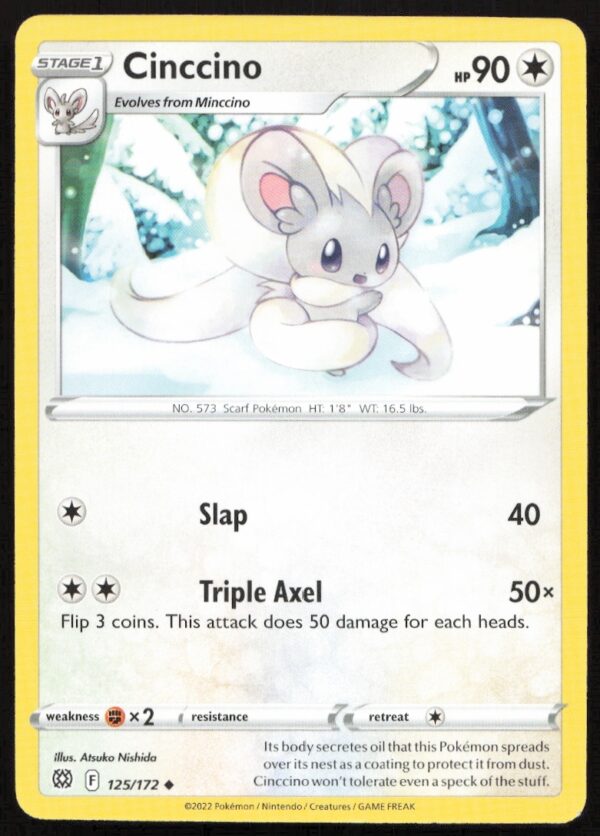 Cinccino Pokémon card from Brilliant Stars 2022, featuring dynamic artwork and vibrant background.