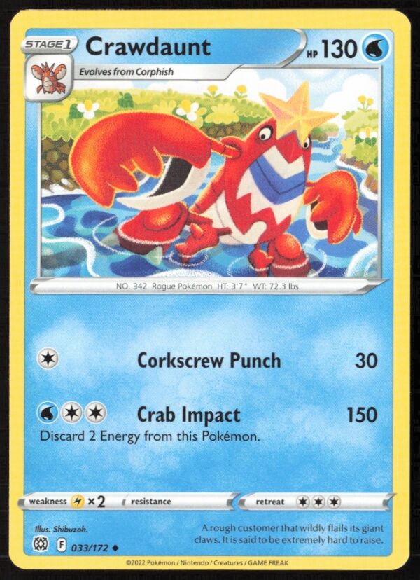 Crawdaunt Pokémon Card from 2022 Brilliant Stars Set #033/172, Water/Dark Type.