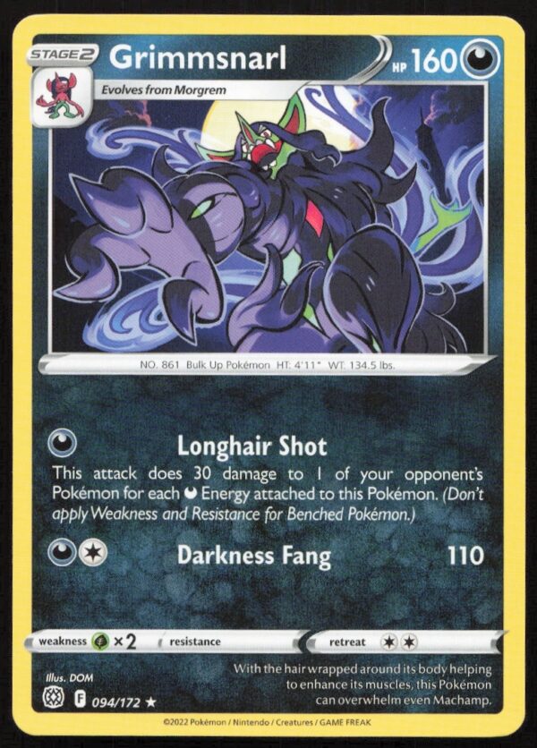 2022 Pokémon Sword & Shield Brilliant Stars Grimmsnarl card #094/172 with dynamic artwork.
