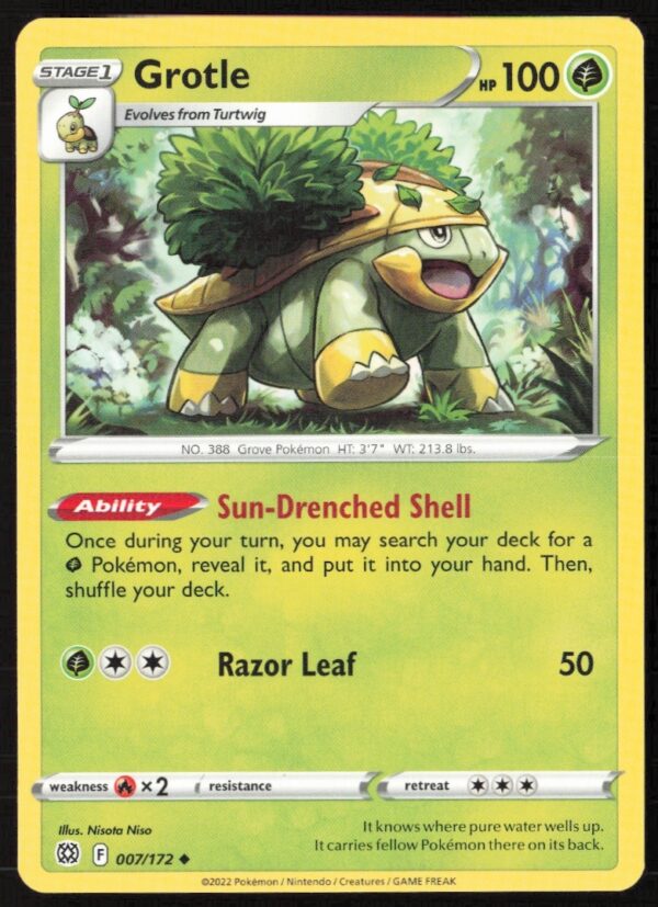 Front view of 2022 Brilliant Stars Grotle Pokémon card, #007/172, with vibrant artwork.
