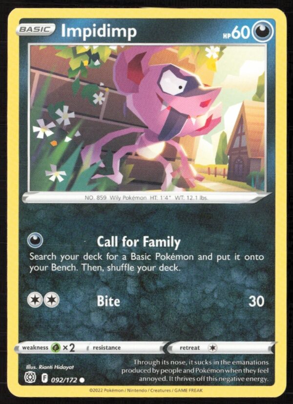 2022 Pokémon Brilliant Stars Impidimp card showcasing vibrant artwork and mischievous character.