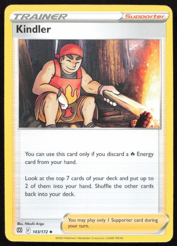 2022 Pokémon Brilliant Stars Kindler card showcasing vibrant Kindler trainer artwork, #143/172.