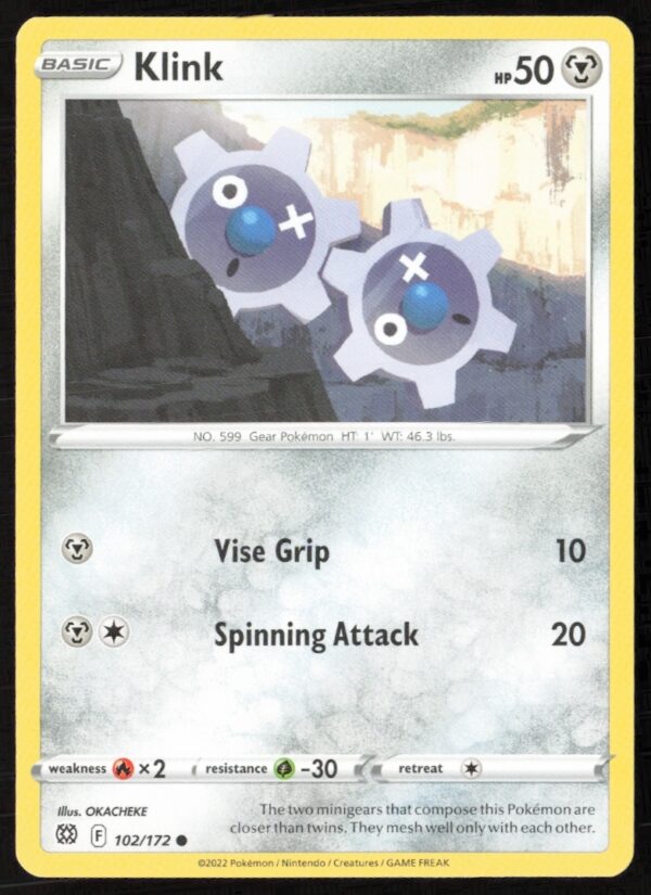 2022 Pokémon Klink Card from Sword & Shield Brilliant Stars Series, Number 102/172.