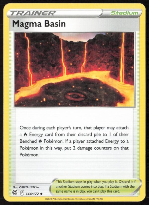 Magma Basin Pokémon card from 2022 Brilliant Stars set, depicting a fiery volcanic landscape.