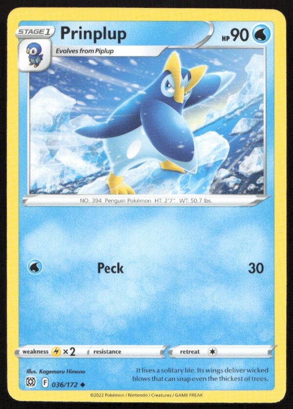 Front of 2022 Pokémon Brilliant Stars Prinplup card, #036/172, featuring detailed artwork and stats.