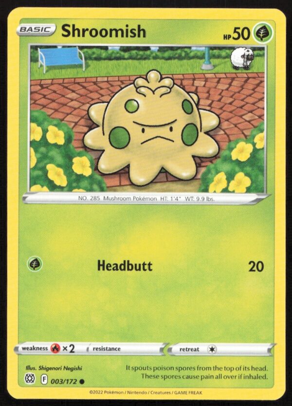 Shroomish Pokémon Card from 2022 Brilliant Stars series, card #003/172, with forest artwork.
