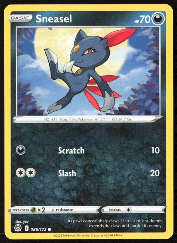 2022 Pokémon Brilliant Stars Sneasel Card, #086/172, featuring dynamic art and collectible value.