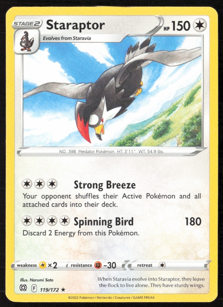 2022 Pokémon Brilliant Stars Staraptor card #119/172 features dynamic flying holographic design.