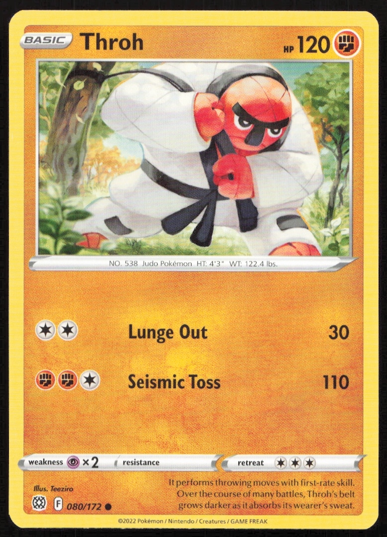 Pokémon Card 2022: Throh from Brilliant Stars, card #080/172, Sword & Shield series front display.