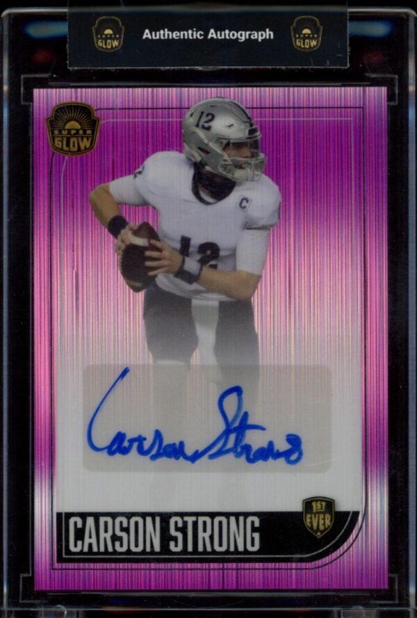 Rare 2022 Carson Strong Dazzle Pink autograph card, highlighted in vibrant pink.