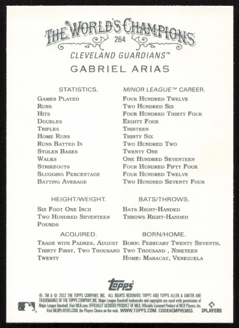 Gabriel Arias 2022 Allen & Ginter Card Back: Stats, Bio, Facts.