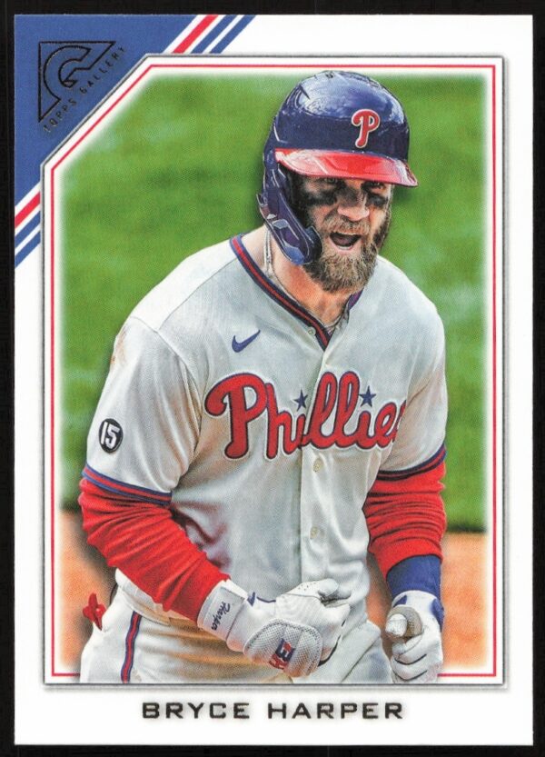2022 Topps Gallery Bryce Harper baseball card featuring a dynamic action image and artistic frame.