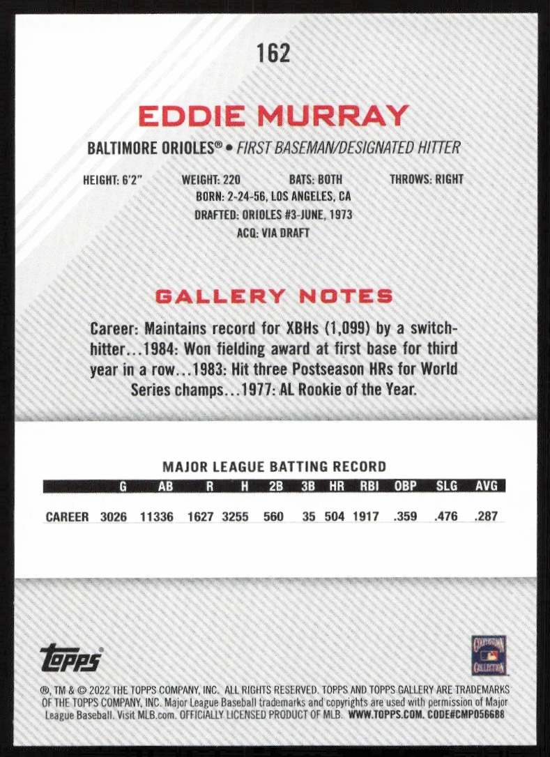 Eddie Murray 2022 Topps Gallery Card #162 Back, featuring his career highlights and stats.