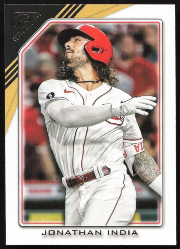 Front of 2022 Topps Gallery baseball card featuring Jonathan India, #4, with dynamic action artwork.