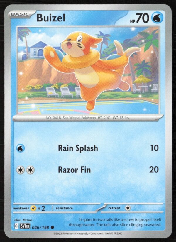 2023 Pokémon Scarlet & Violet Buizel Card featuring vibrant artwork, number 046/198, front view.