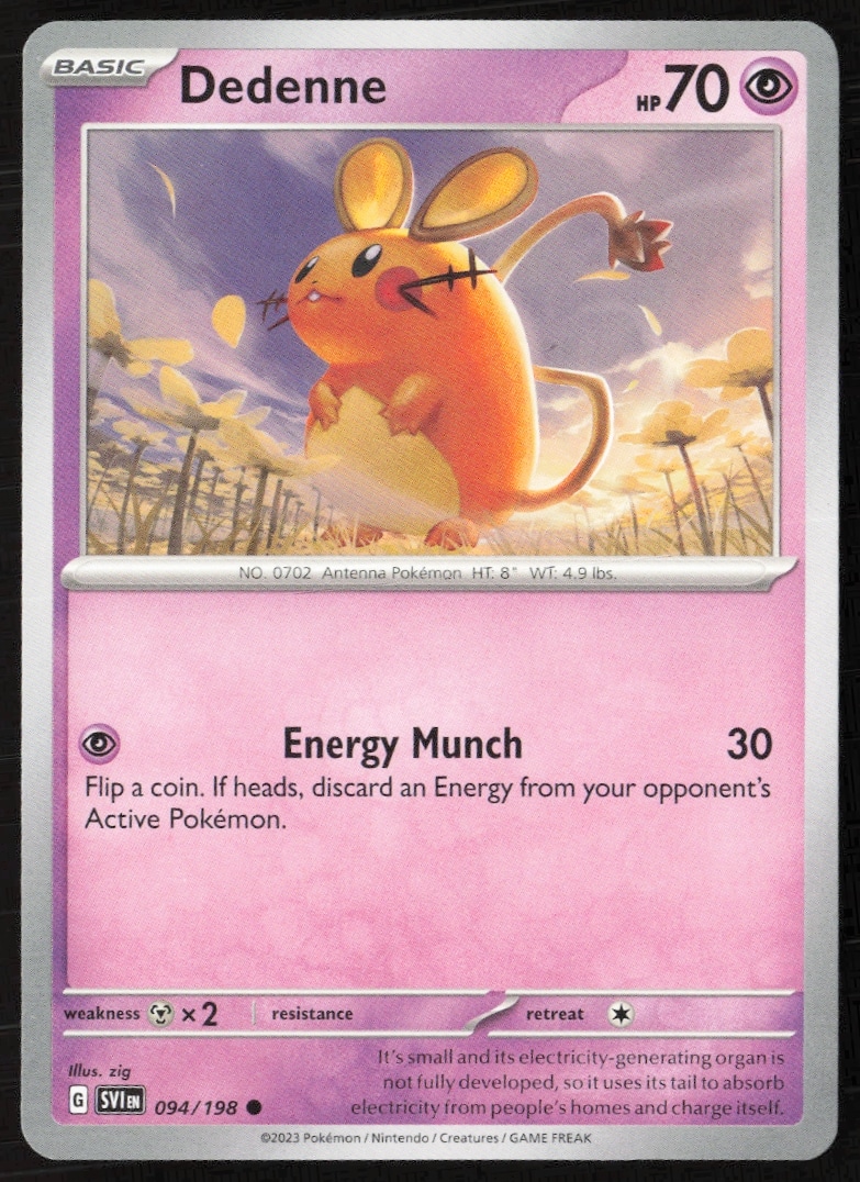 2023 Dedenne Pokémon Card, Scarlet & Violet Series, #094/198, Front Design.