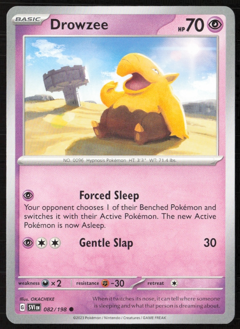 Drowzee Pokémon Scarlet & Violet Card 082/198, 2023 edition, Psychic-type, front view.