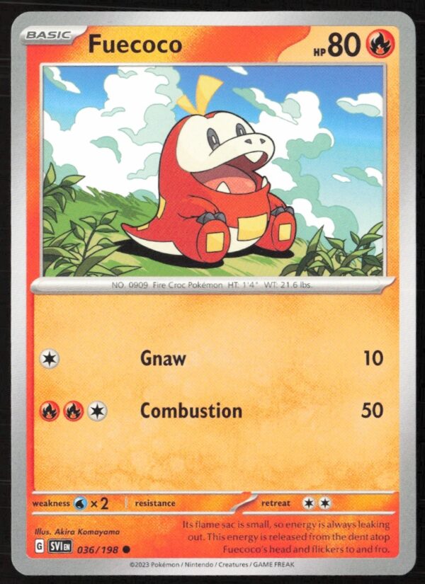 Fuecoco Pokémon card 2023 Scarlet & Violet #036/198, featuring vibrant artwork and card details.