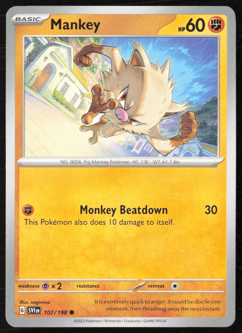 2023 Scarlet & Violet Mankey Pokémon Card #107/198, vibrant illustration, Fighting-type attributes.