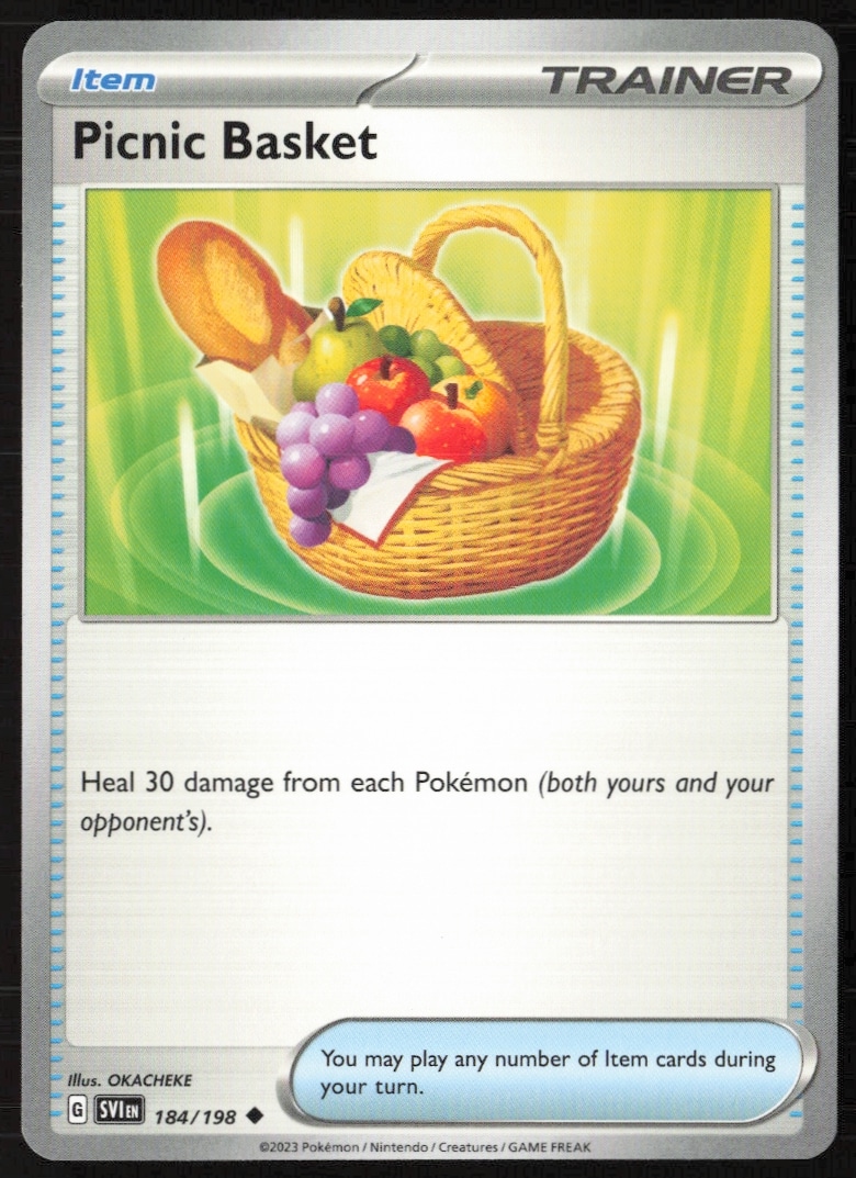 Illustrated 2023 Pokémon Scarlet & Violet picnic basket, entry #184/198, vibrant and detailed design.