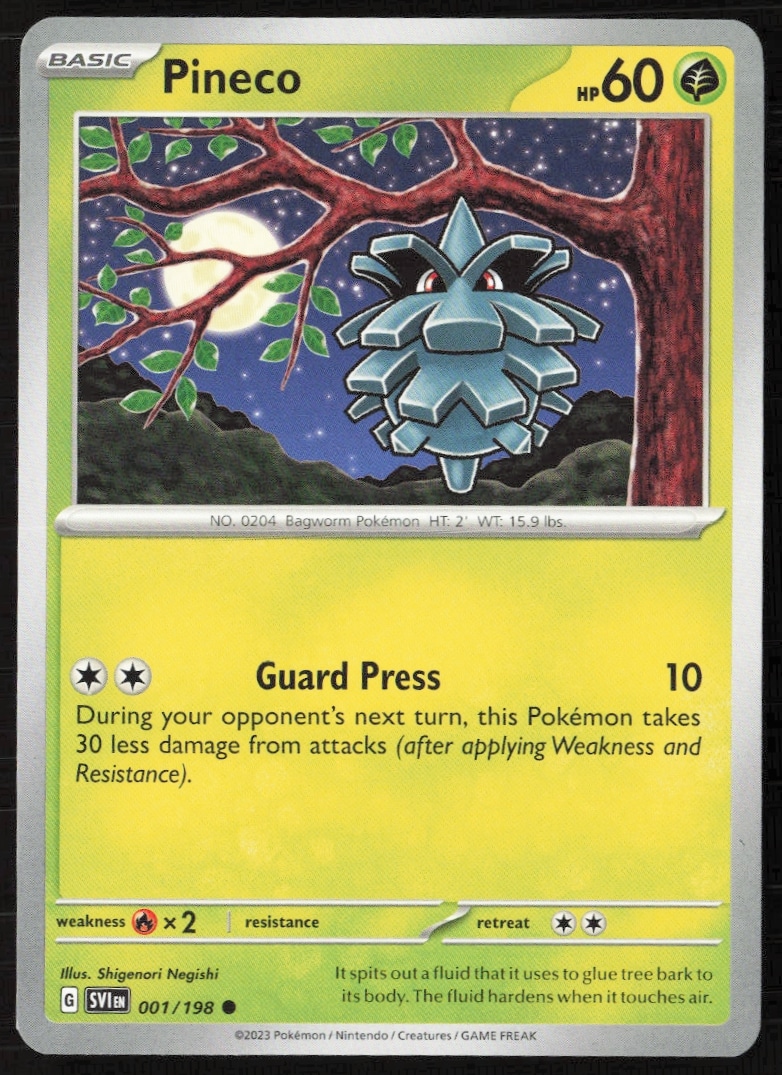 Pokémon Scarlet & Violet Pineco card front, 2023 release, #001/198, forest artwork.