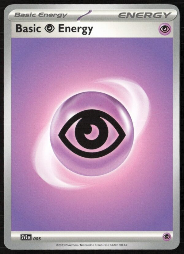 Front view of 2023 Pokémon Scarlet & Violet Psychic Energy card highlighting its purple design.